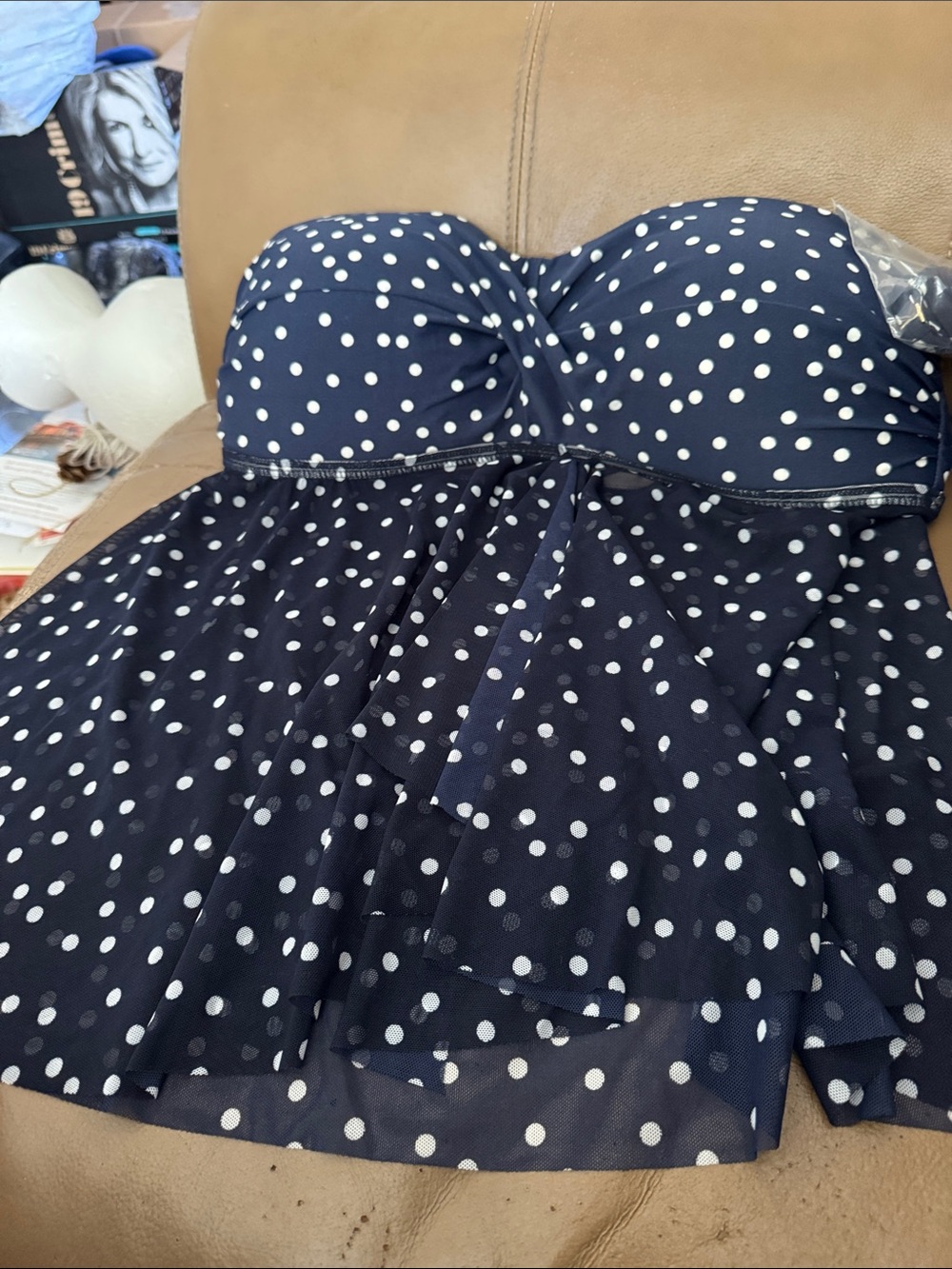 Navy Polka Dot swim top - White Dot Detail